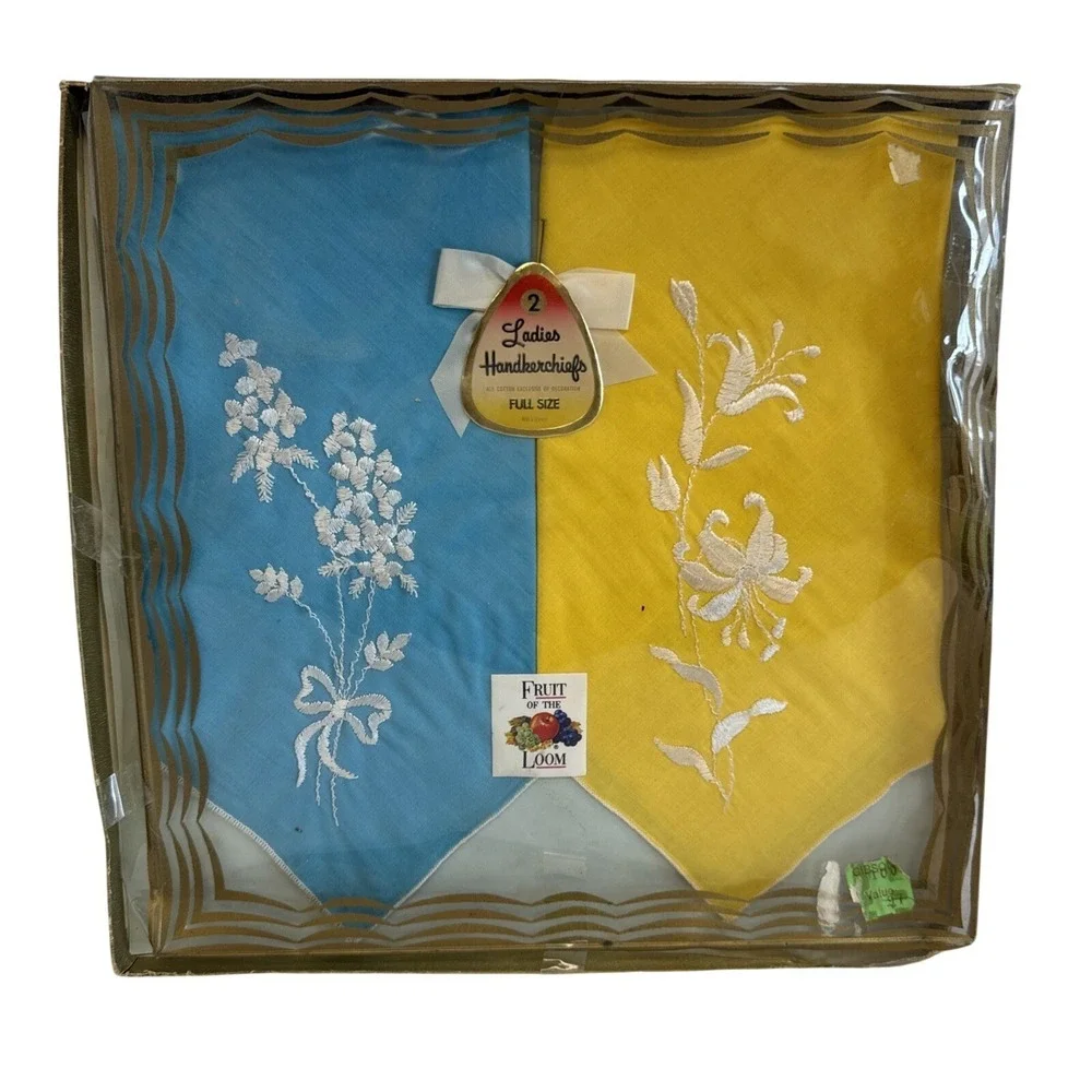 Vintage Fruit of the Loom Embroidered Cotton Handkerchiefs 2 Pack Blue Yellow